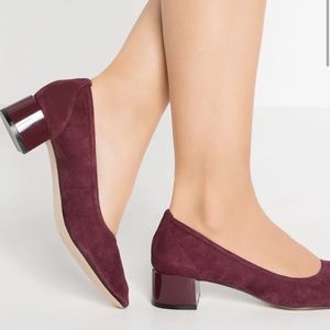 Burgundy suede block heel pumps